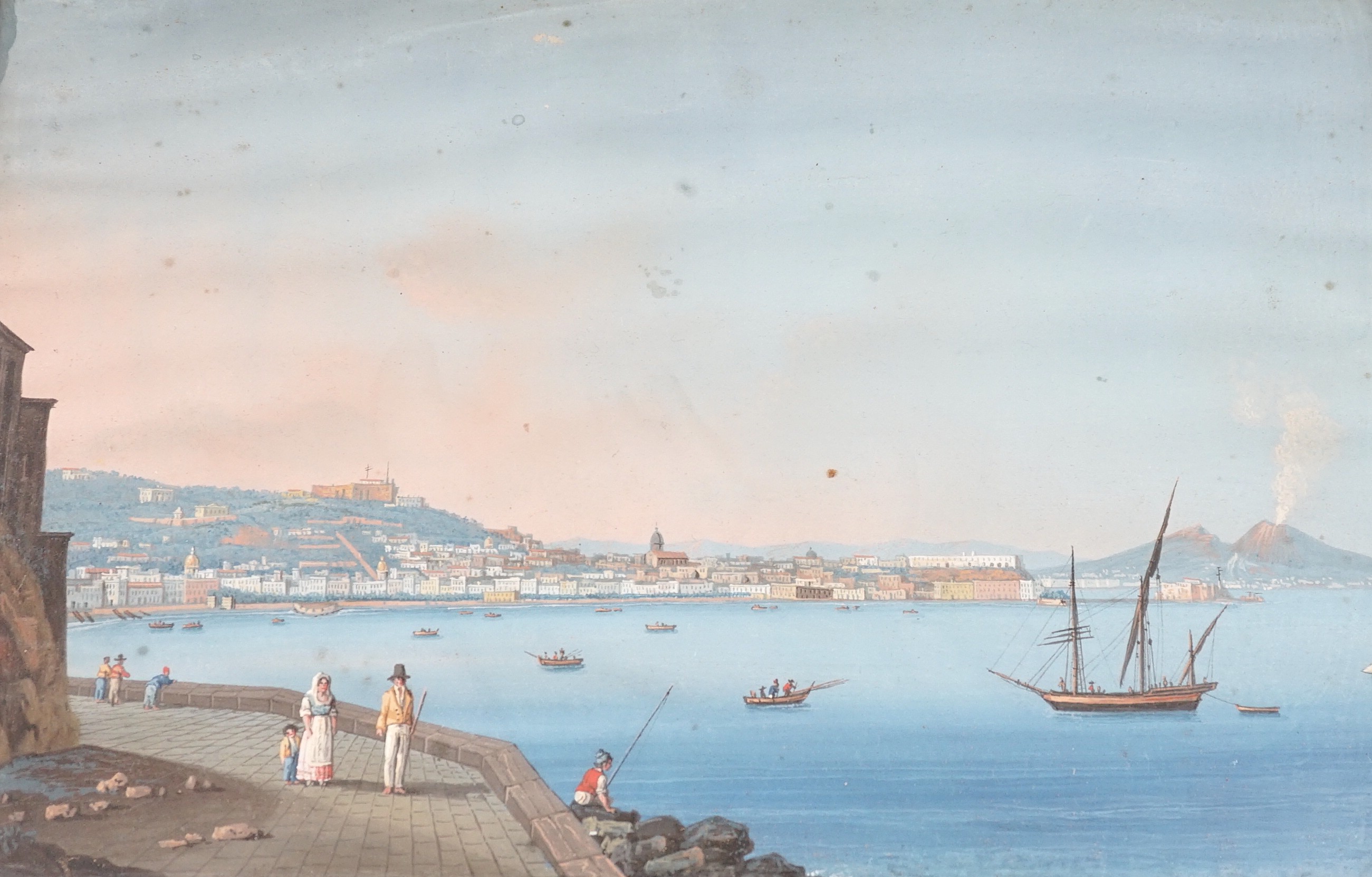 19th century Neapolitan School, pair of gouaches, Views of Naples Harbour and Classical ruins, 28 x 41cm